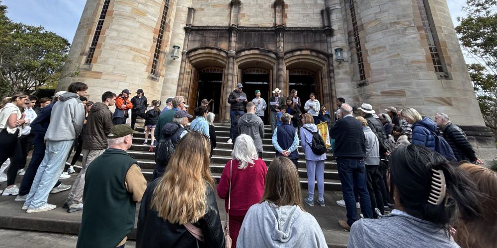 People from the Our Lady of the Way Parish walking with one foot raised for Myanmar